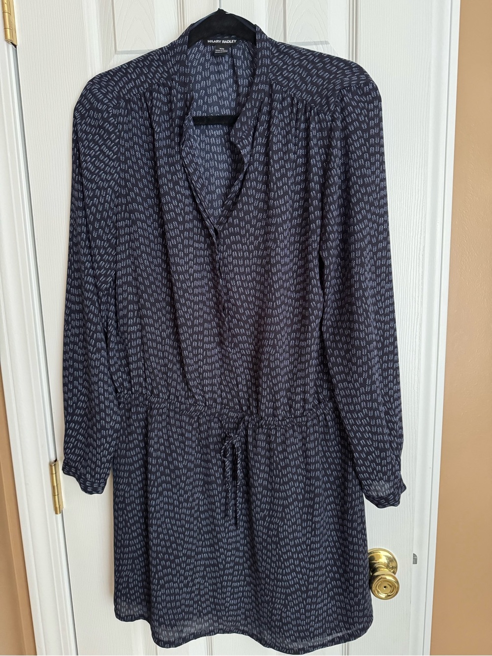 Hilary Radley Navy Printed Long-Sleeve Drawstring Dress